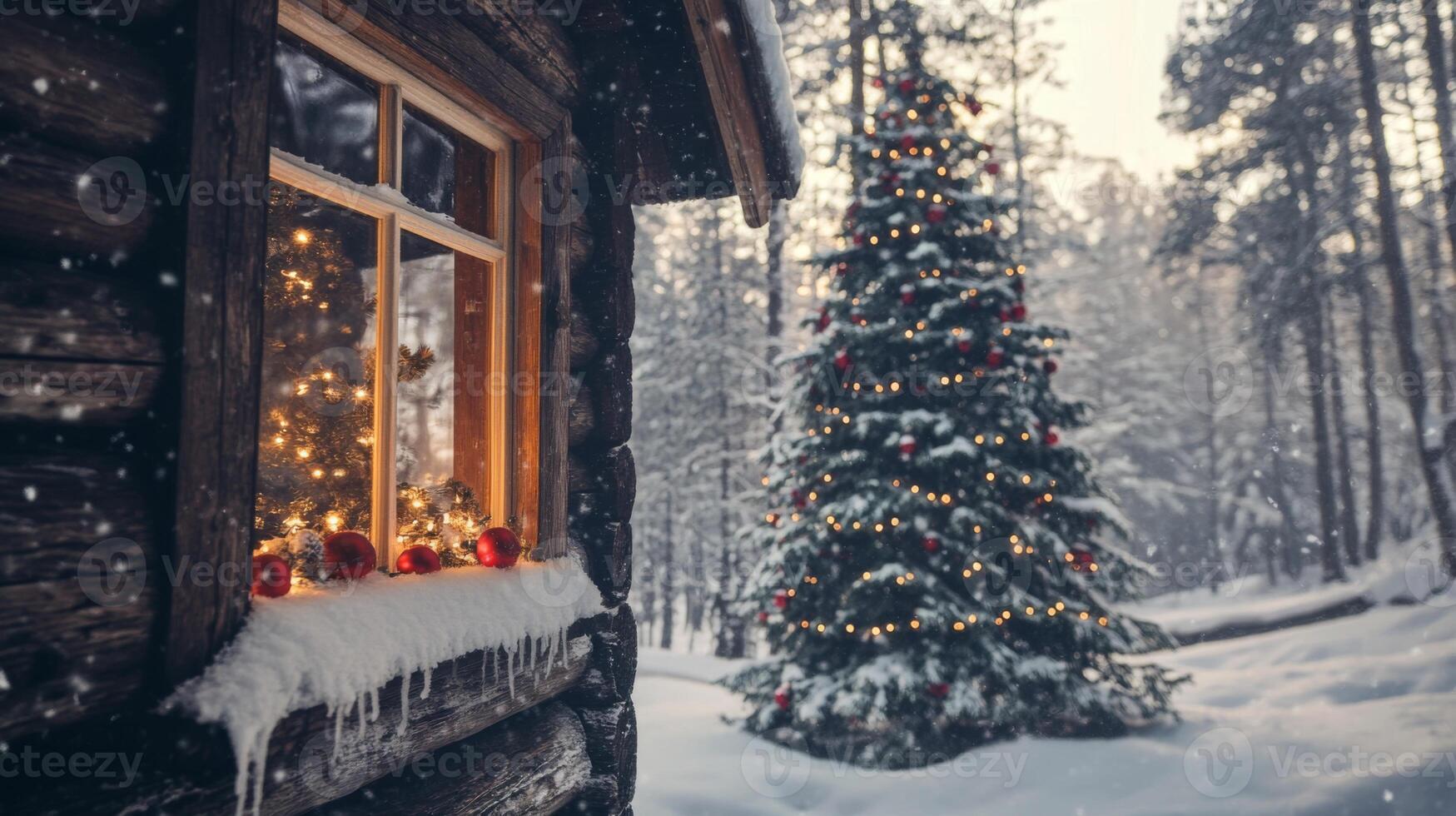 Snowy Cabin Window with View of Decorated Christmas Tree in Forest photo