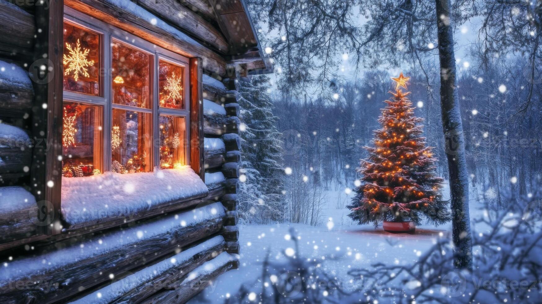 Snowy Cabin with Illuminated Christmas Tree and Window Decorations photo