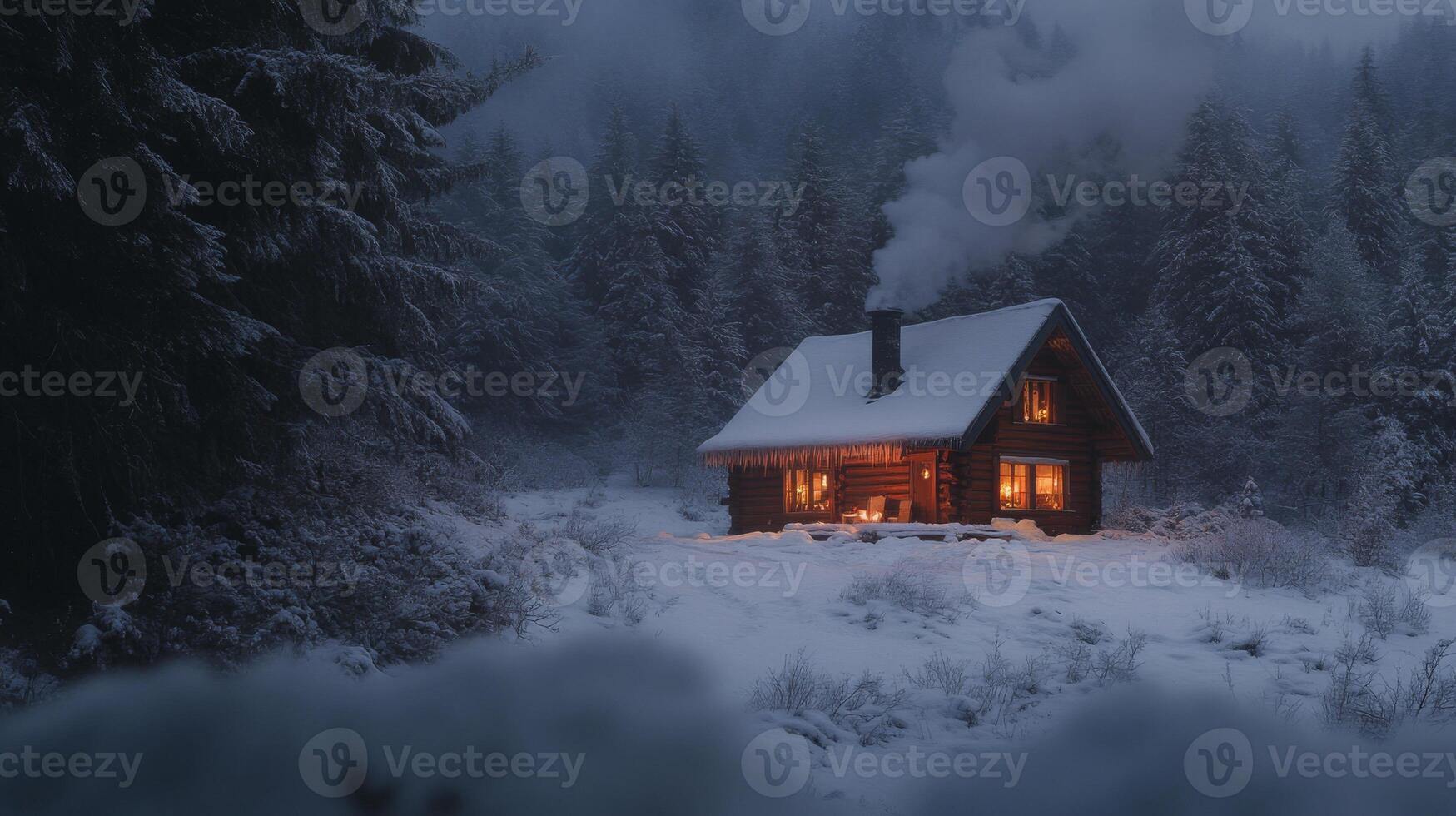 A Cozy Cabin in a Snowy Forest with Smoke Rising from the Chimney photo