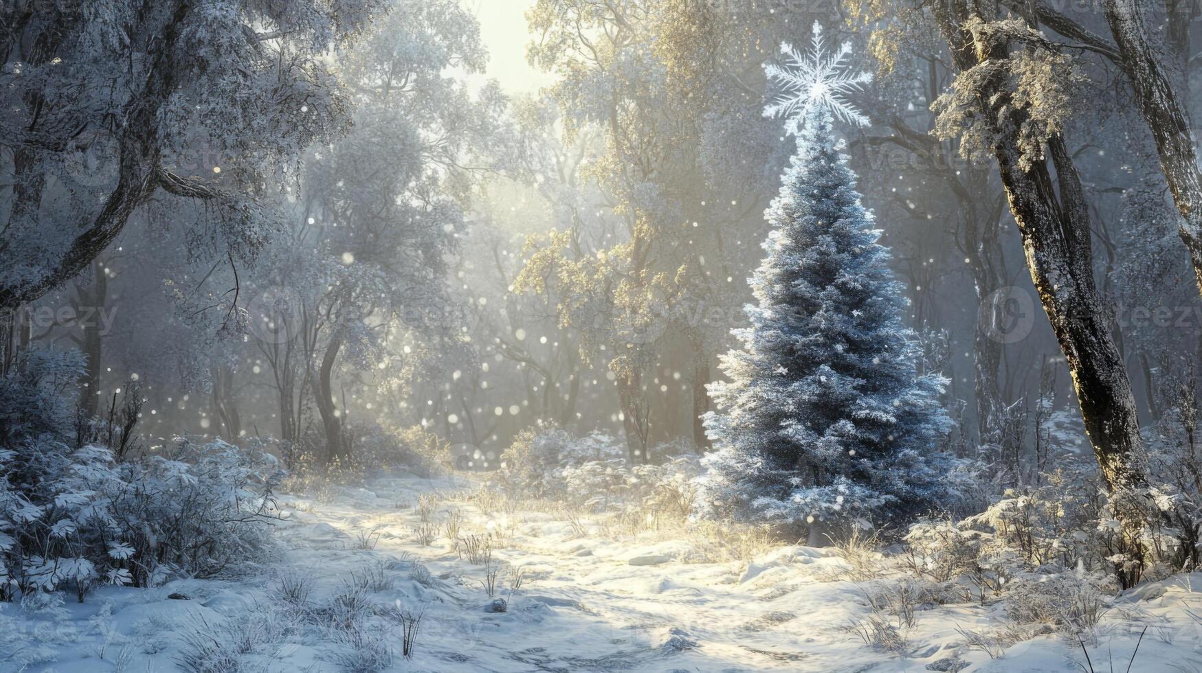 A Snowy Forest Path With a Decorated Christmas Tree photo