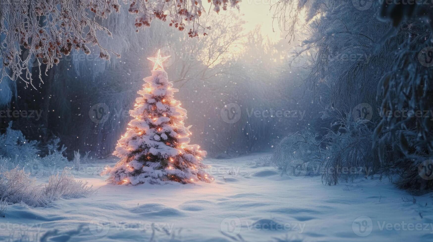 A Christmas Tree Illuminated in a Snowy Winter Forest photo