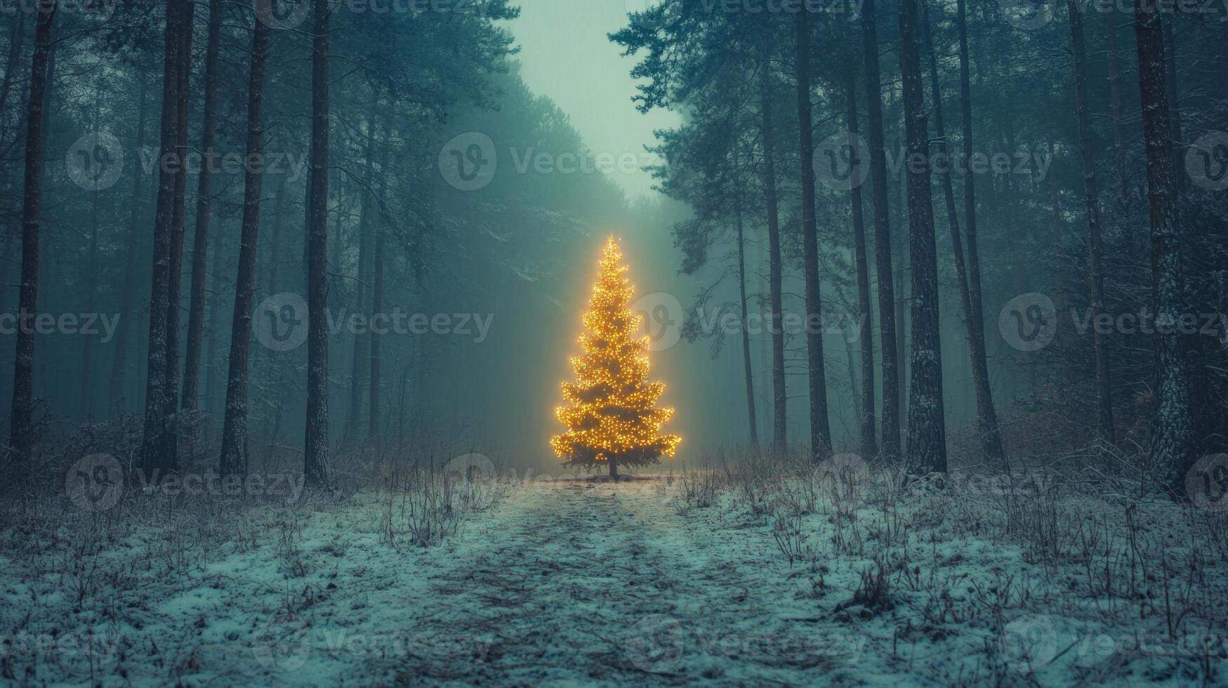 A Single Lit Christmas Tree in a Foggy Winter Forest photo