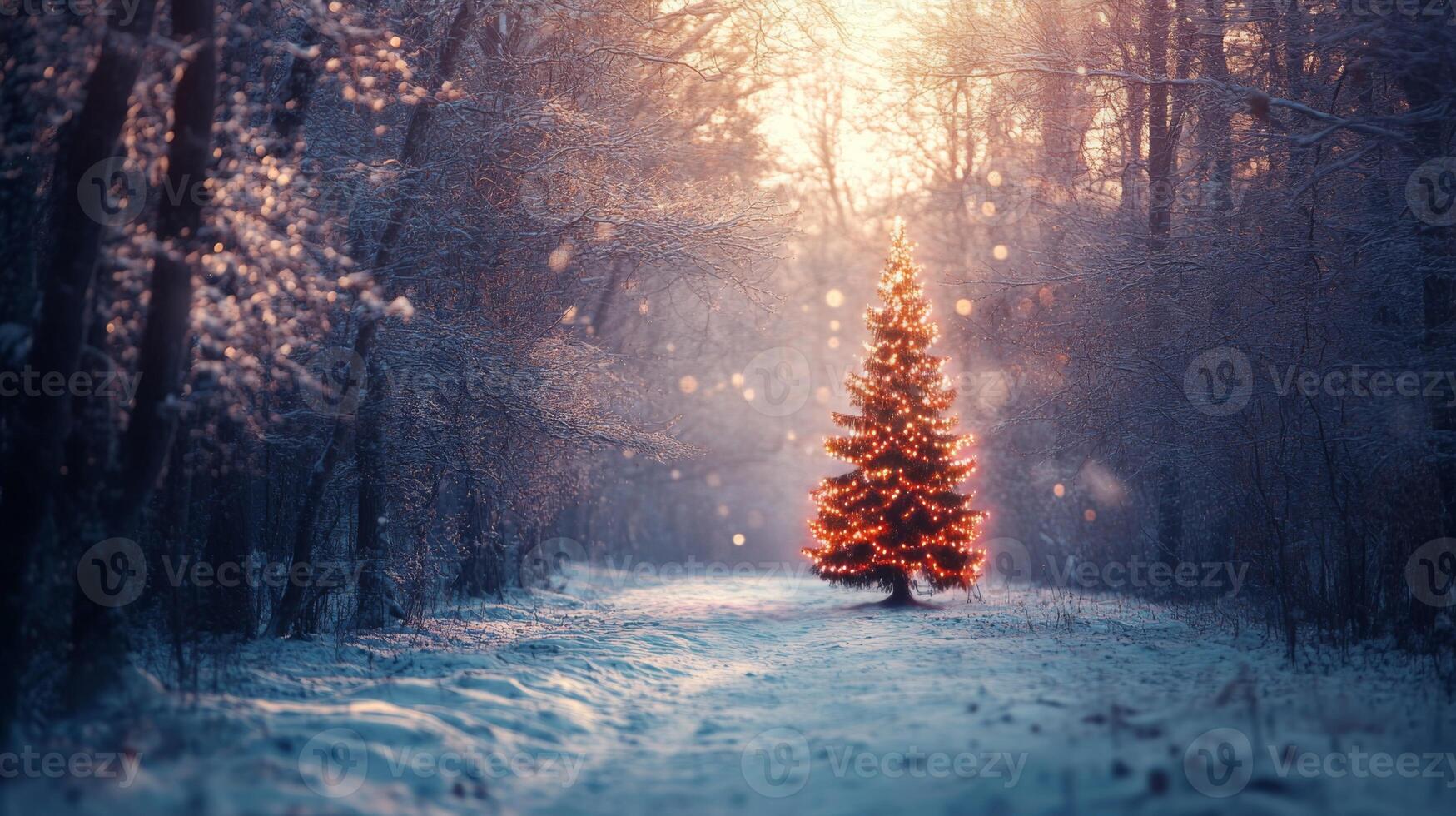 A Solitary Christmas Tree in a Snowy Forest at Sunset photo