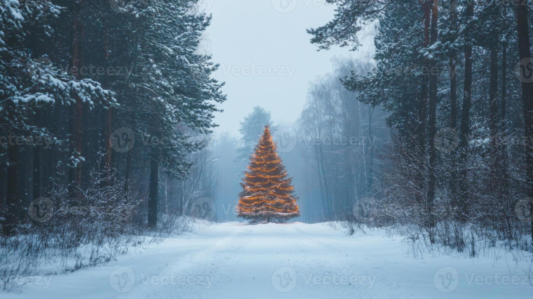 A Single Decorated Christmas Tree in a Snowy Forest photo