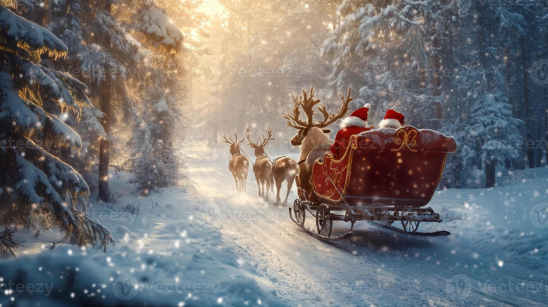 Santa Claus and Reindeer in a Snowy Forest photo