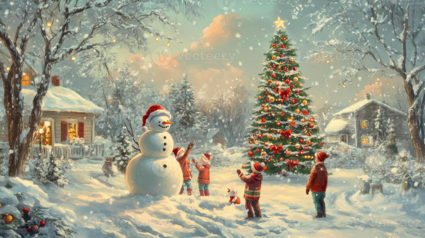 A Snowy Christmas Scene with a Snowman and Children Admiring a