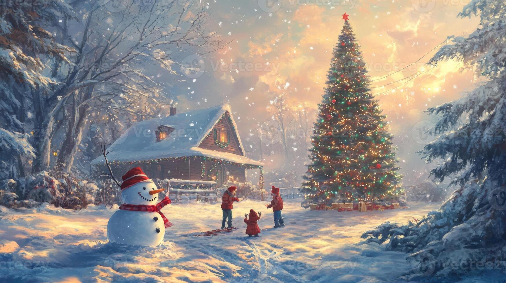 A Snowy Winter Scene with a Christmas Tree, Cabin, Snowman, and Children photo
