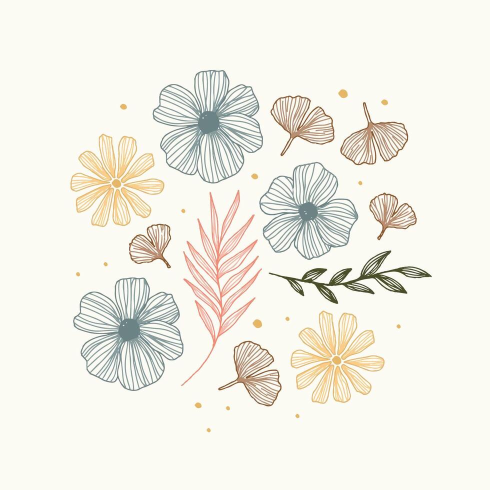flat design colorful outline floral collection set with neutral background vector