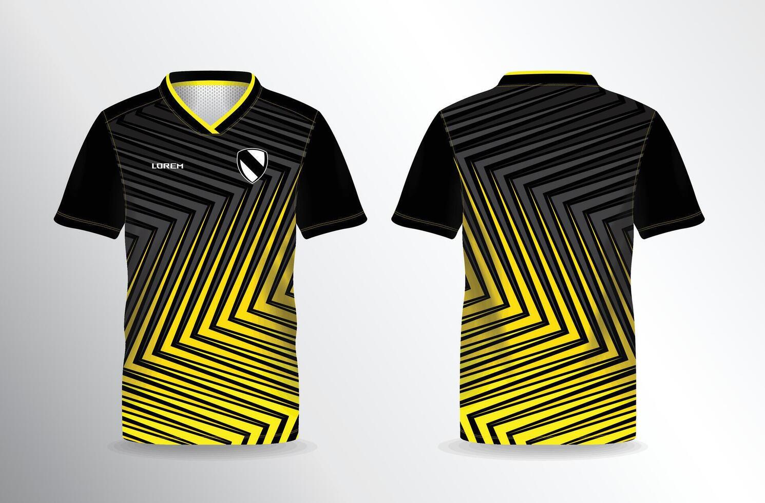 The front and back of a yellow and black soccer jersey vector