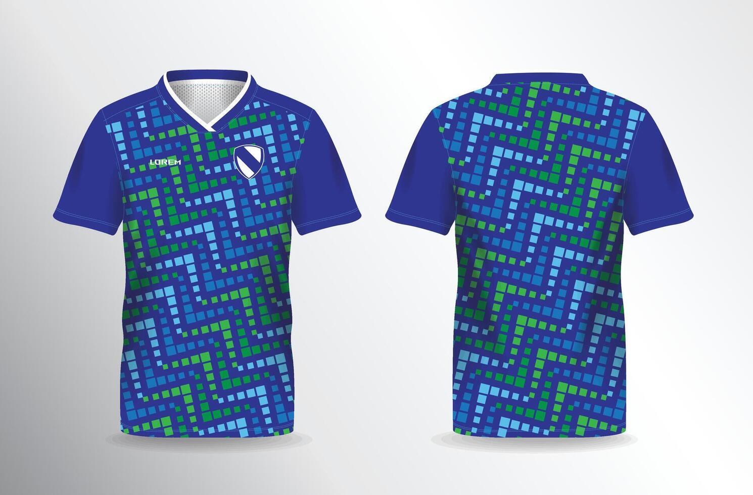 A soccer jersey with a blue and green pattern vector