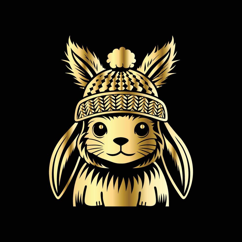 a golden rabbit wearing a winter hat on a black background vector