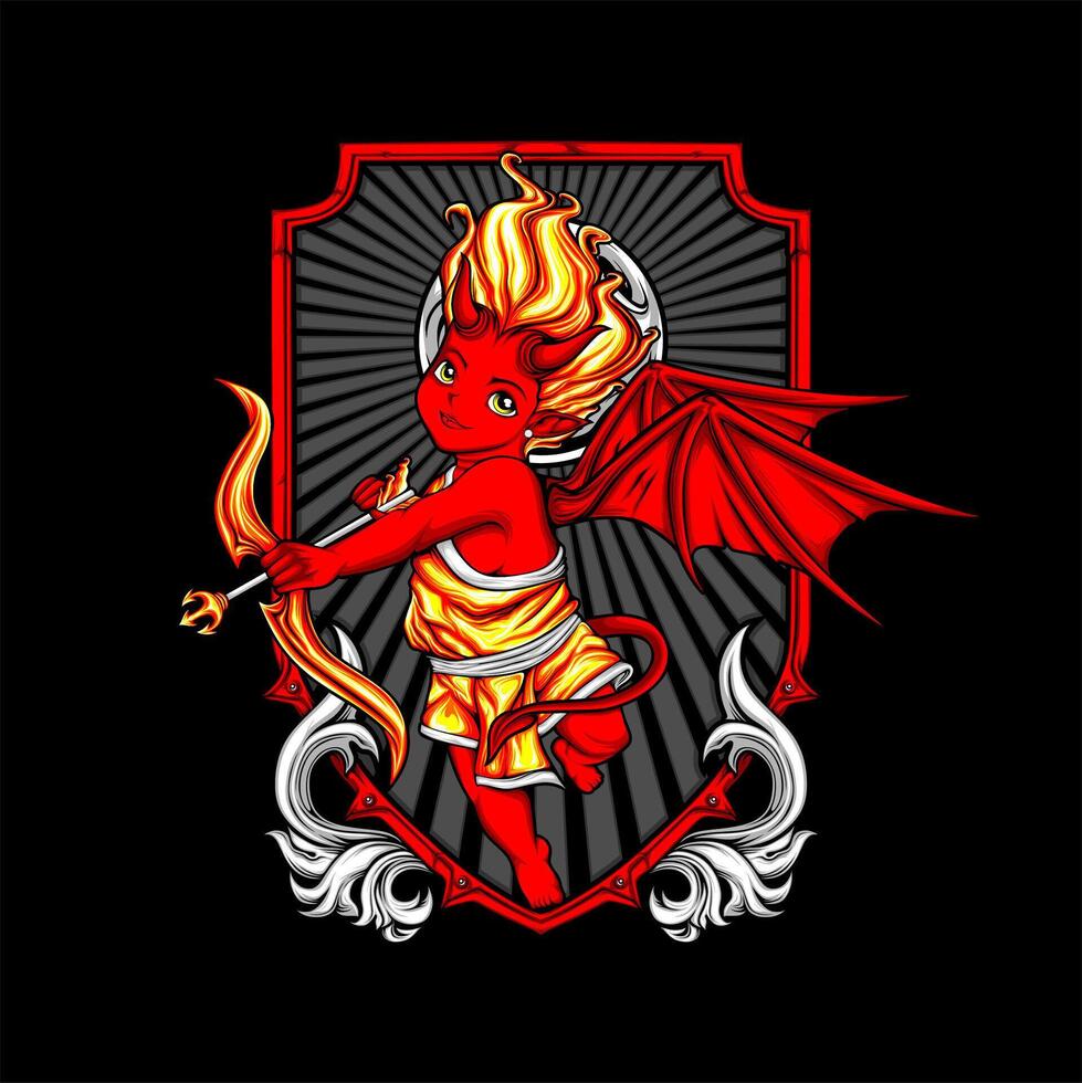 A red devil with wings and a bow on a black background vector