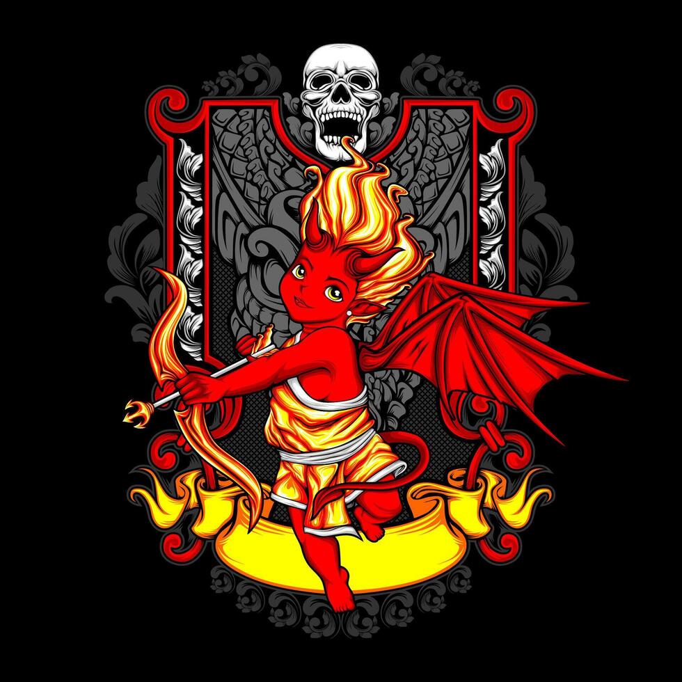 A red devil with a bow and arrow on a black background vector