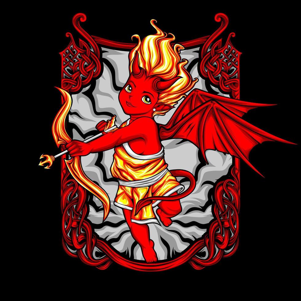 A red and yellow devil holding a bow vector