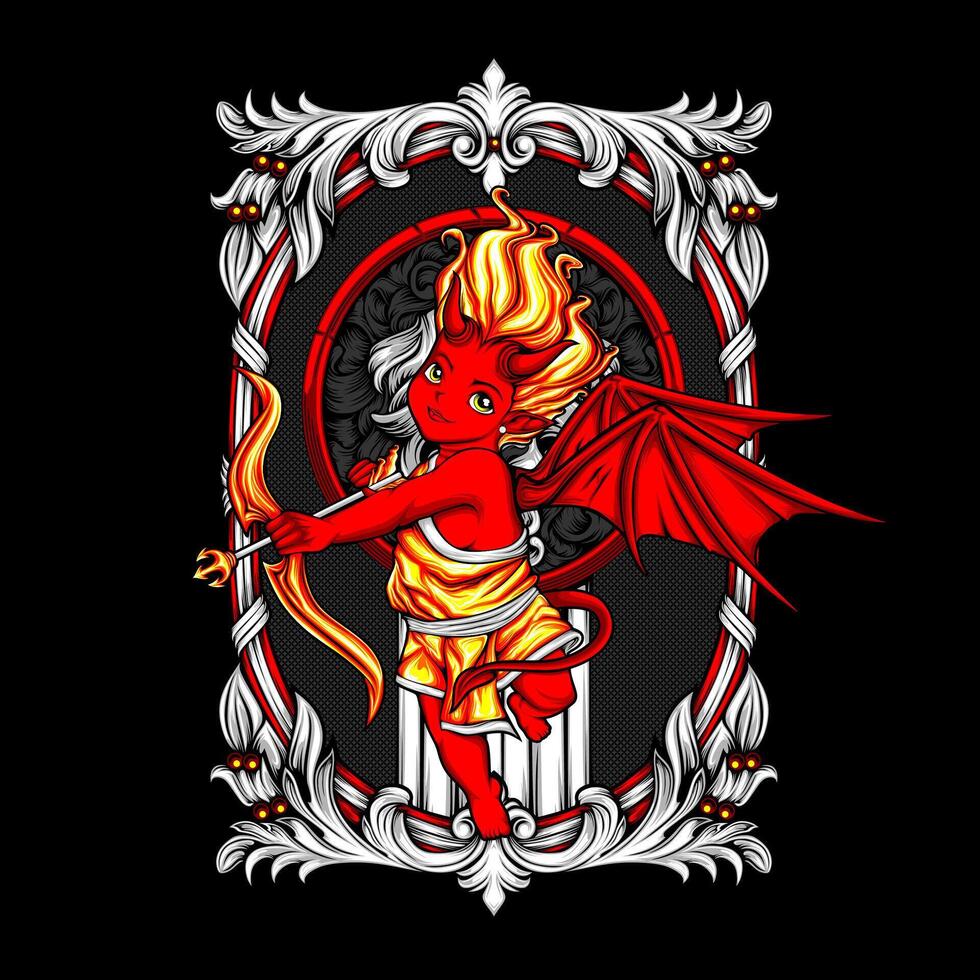 A red and yellow angel with wings and a bow vector