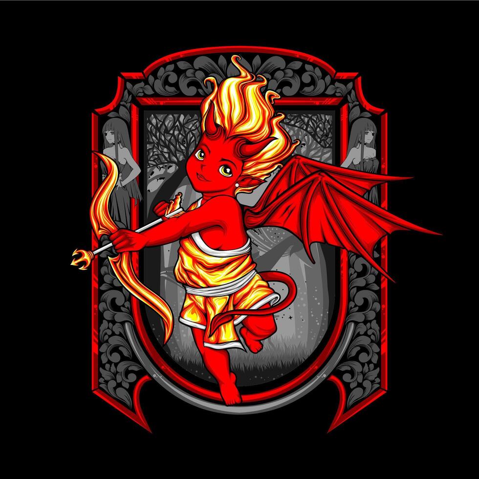 A red and yellow devil holding a bow and arrow vector
