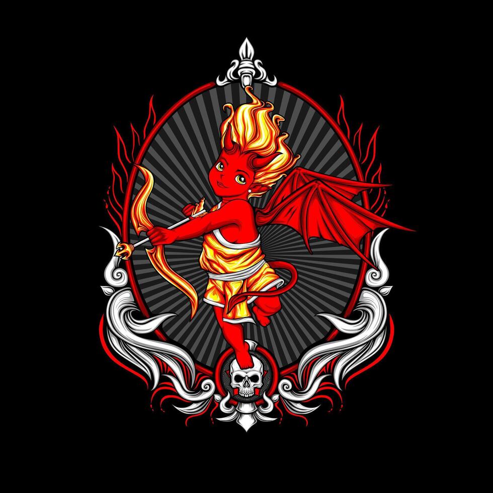 A red and black devil with wings and a bow vector