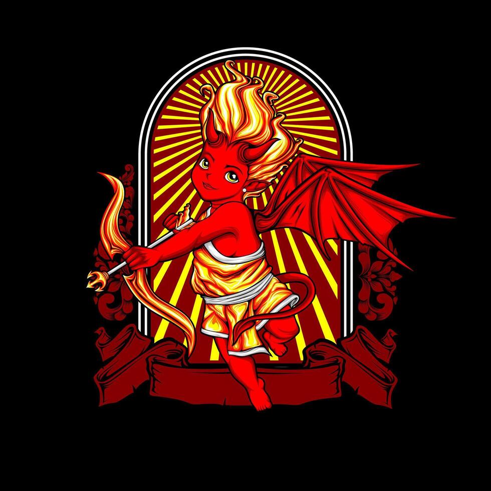 A red and yellow cupid with wings and a bow vector