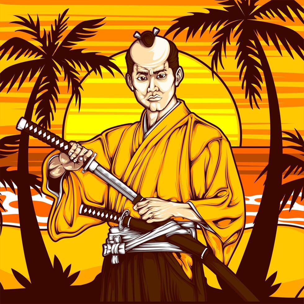 A man in a yellow robe holding two swords vector