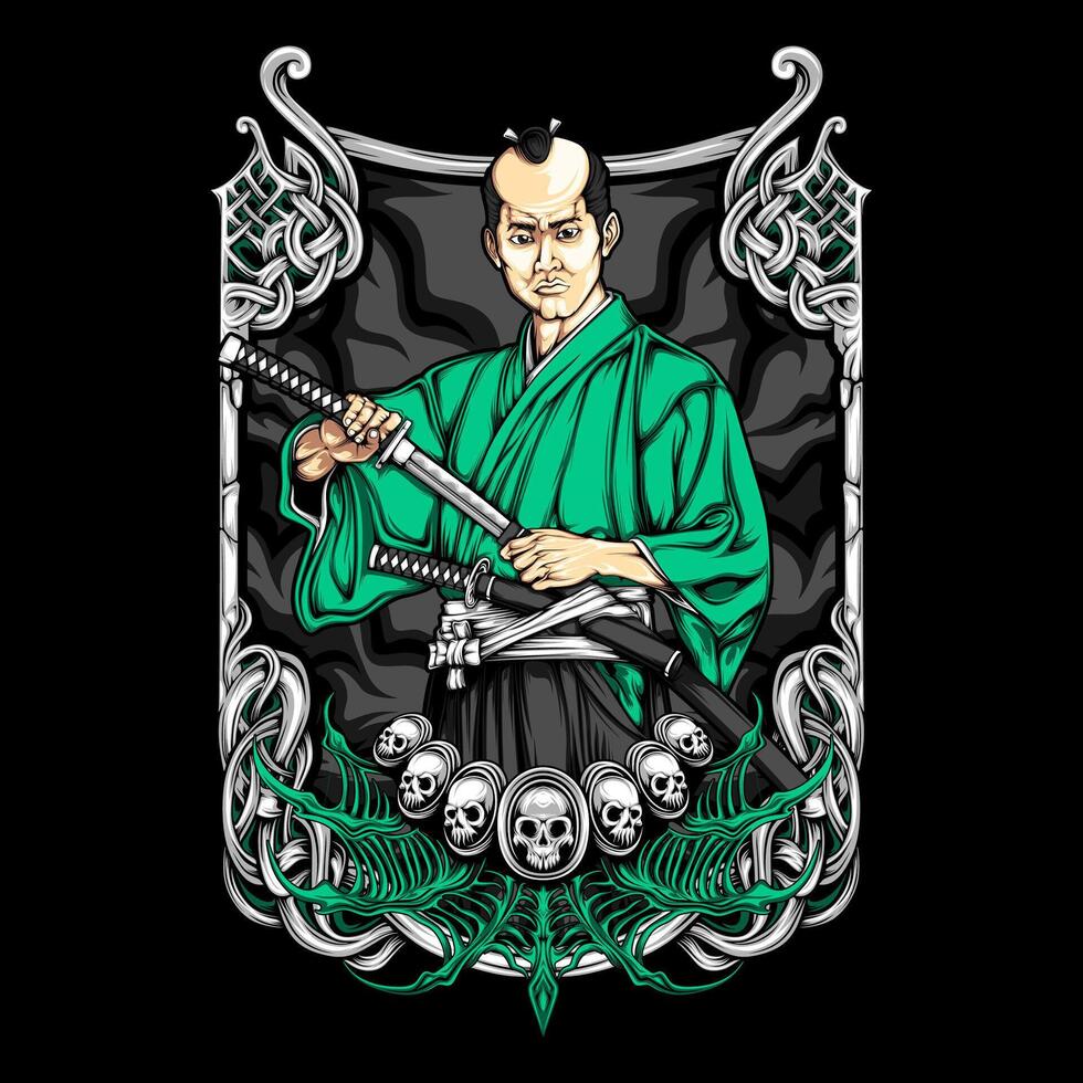 Samurai with green shirt and skull on black background vector