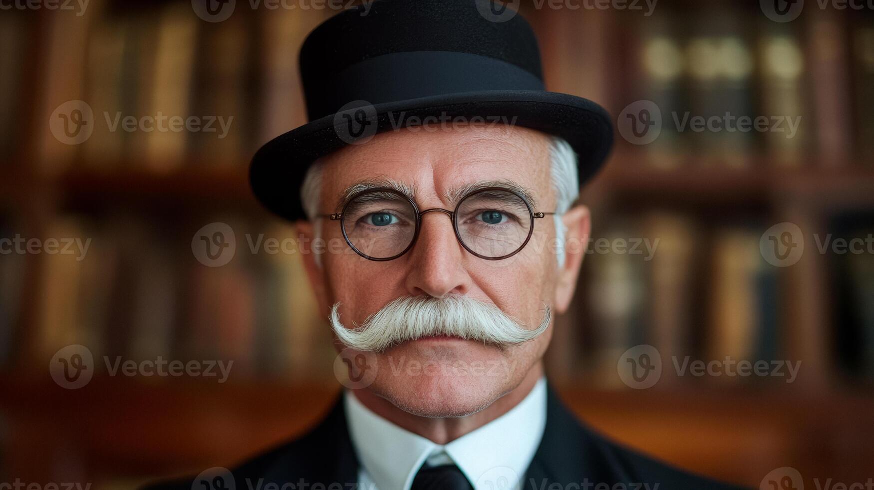 Older man with a regal mustache and a monocle posing dramatically in a classic library surrounded by books photo