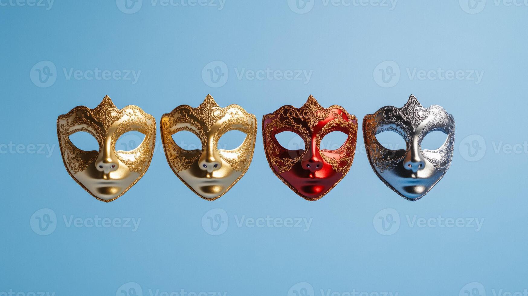 Festive masquerade masks in gold and silver floating against a gradient from sapphire blue to crimson photo