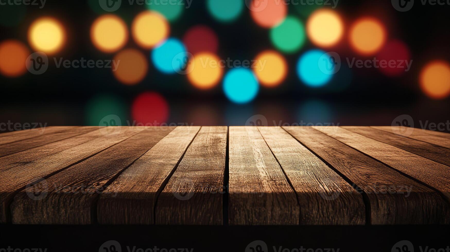 Smooth wooden table surface with a gently glowing blurred bokeh background in vibrant colors photo