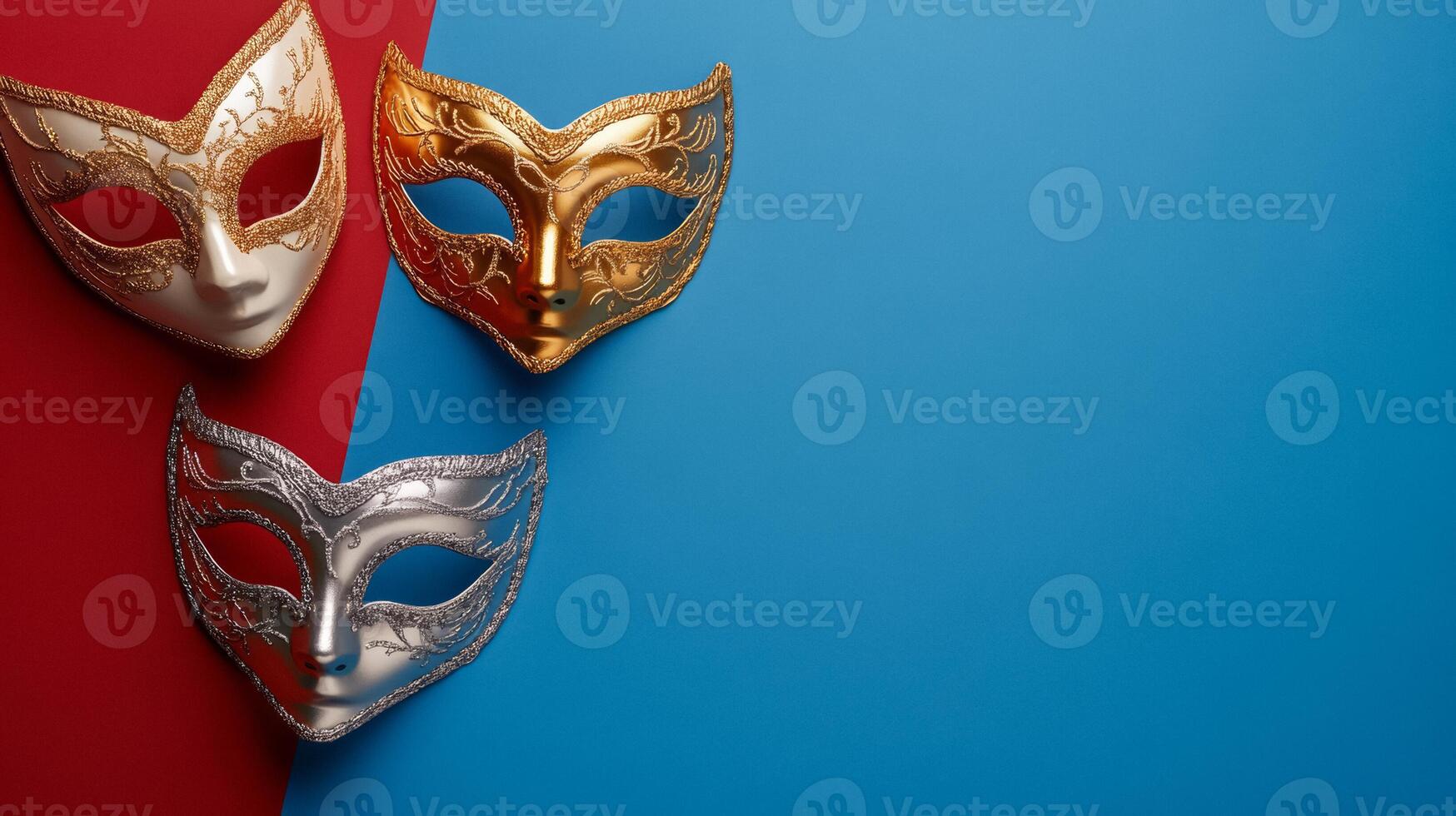 Festive masquerade masks in gold and silver floating against a gradient from sapphire blue to crimson photo