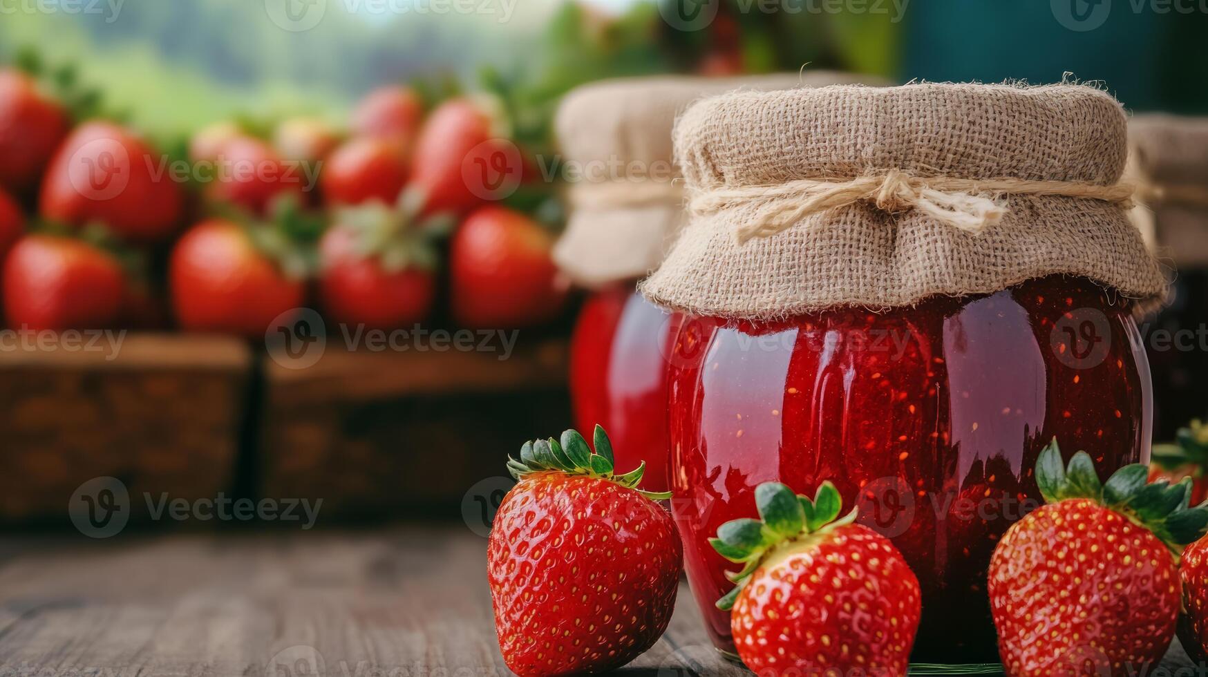 Strawberry jam with fresh strawberries on wooden table photo