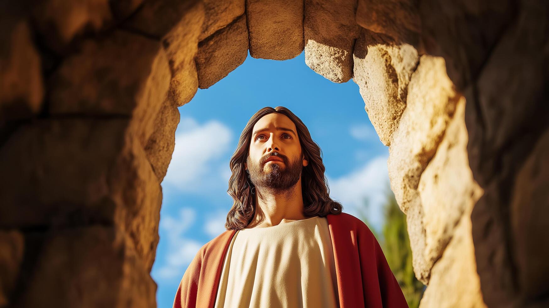 Jesus standing in an archway with a blue sky in the background photo
