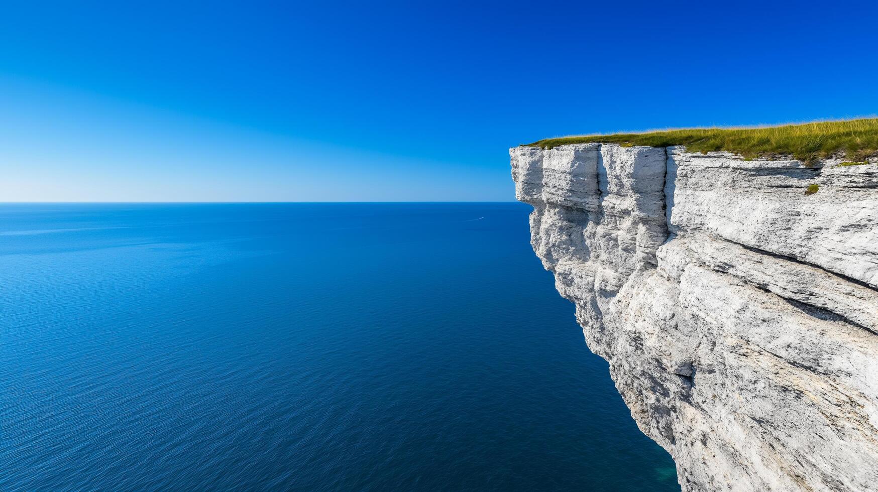 A cliff with grass on top of it and blue water photo
