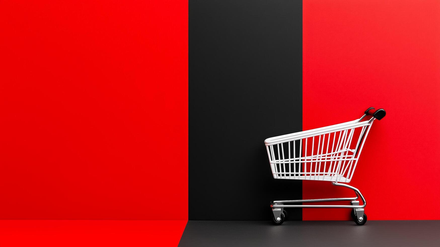 A shopping cart is sitting on a red and black background photo