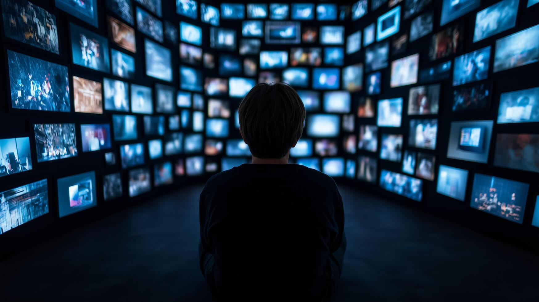 A person sitting in front of a room full of television screens photo