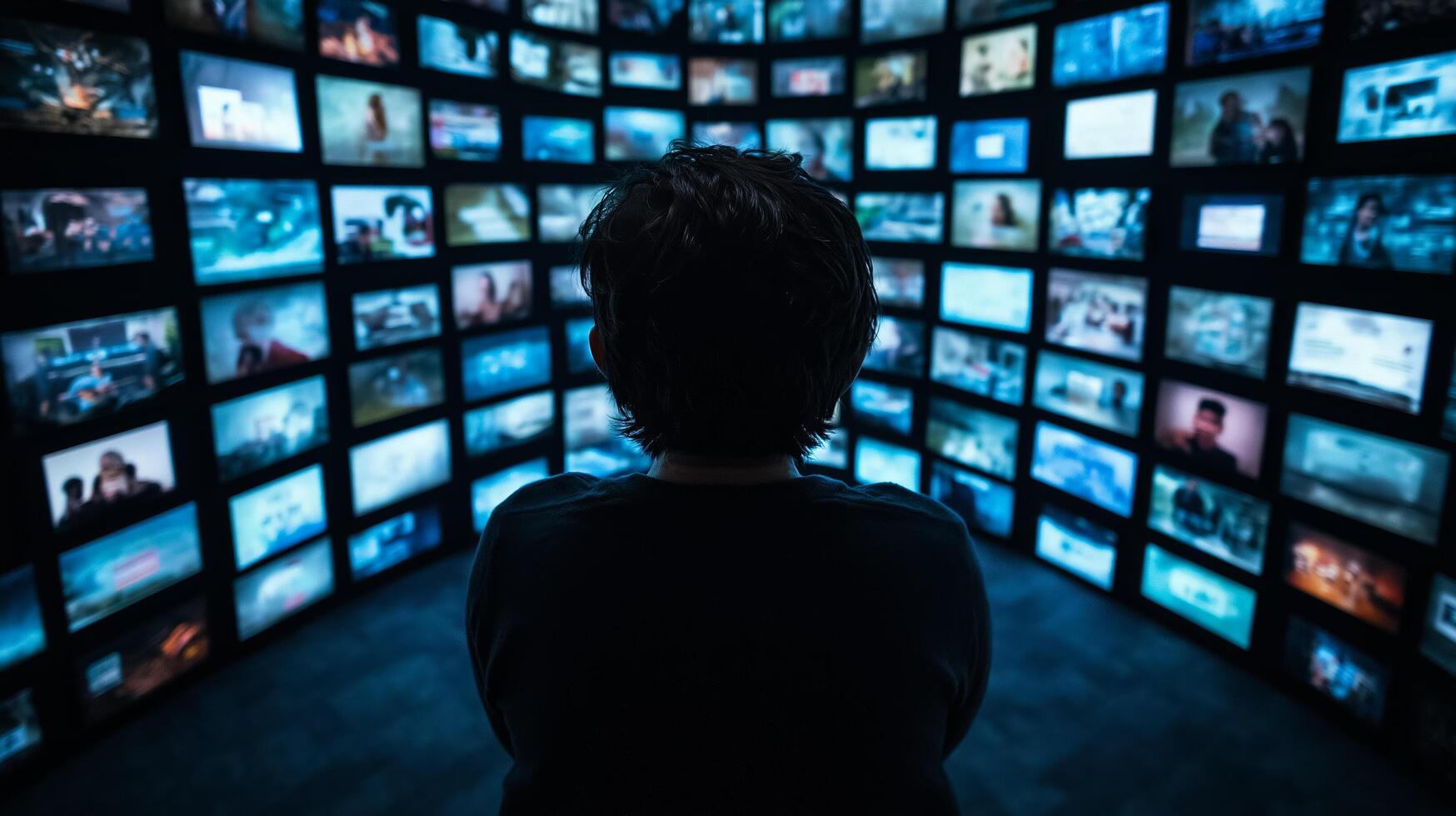 A person looking at a large number of television screens photo