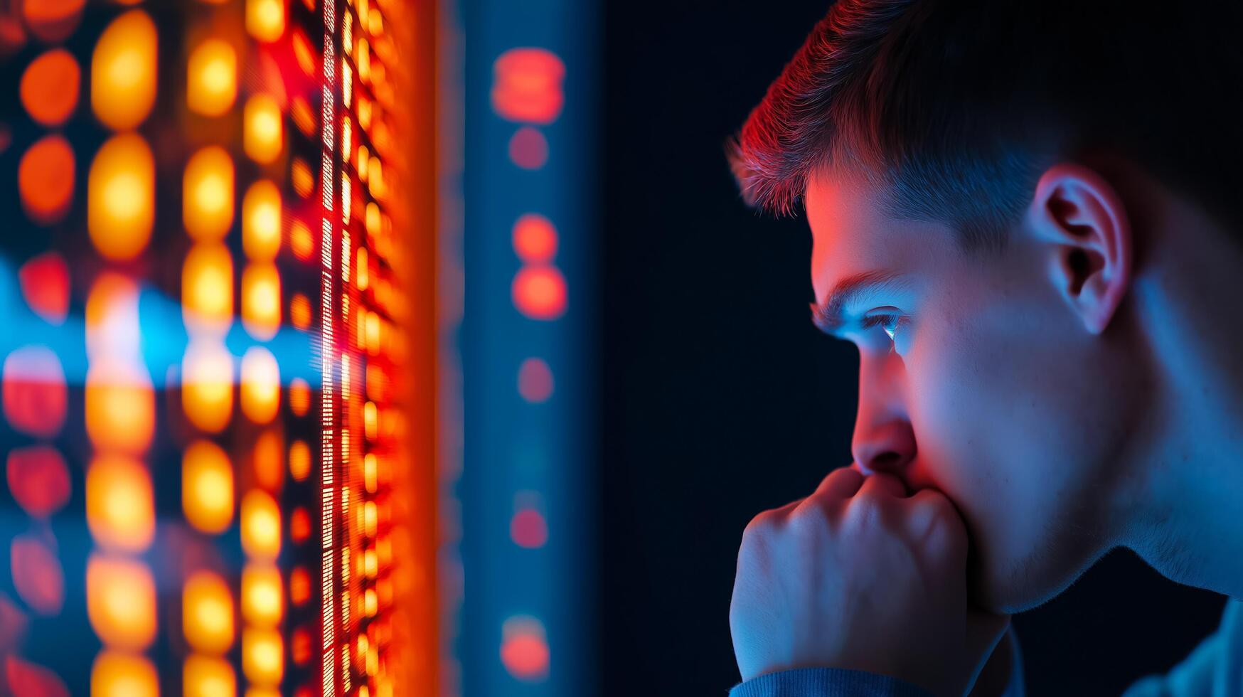 A man looking at a computer screen with colorful lights photo