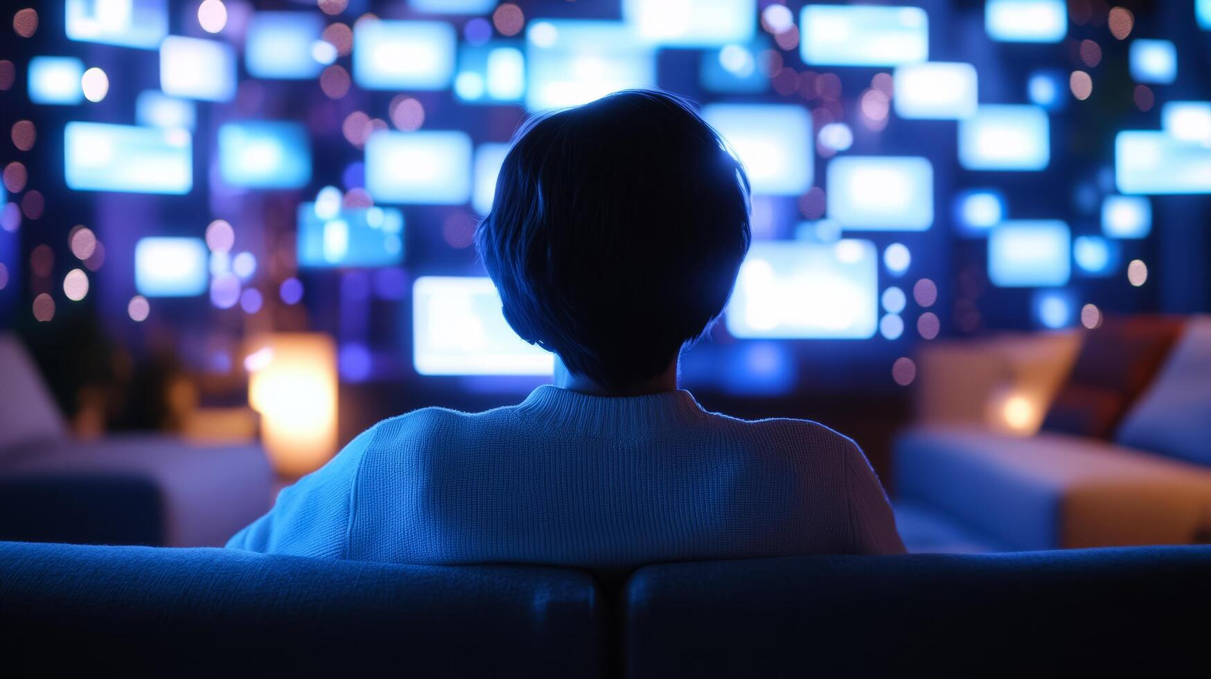 A woman sitting on a couch watching television photo