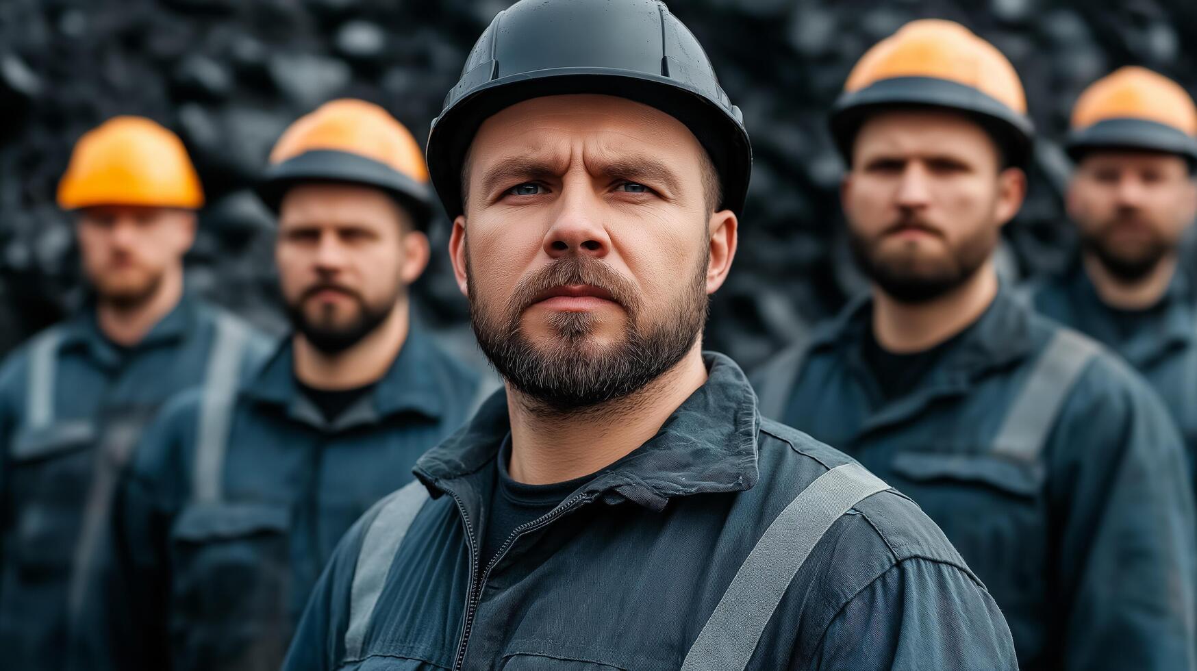 A group of men in hard hats standing in front of coal photo