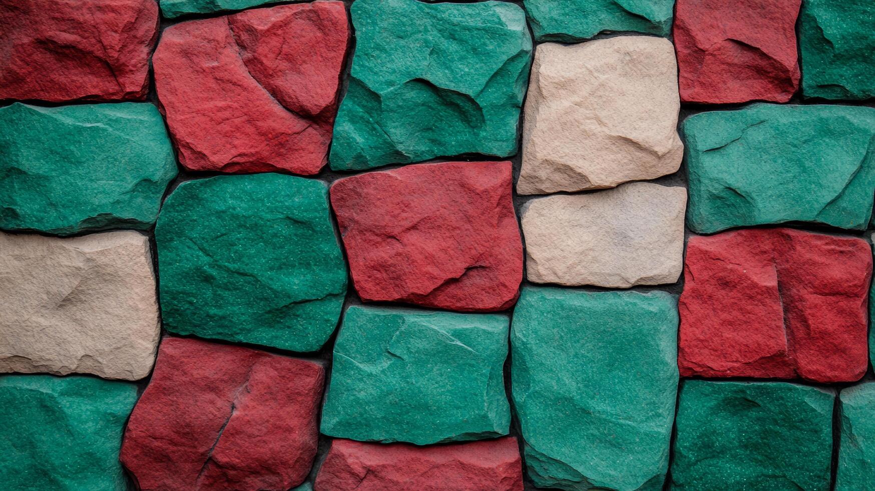 Rough grainy stone wall texture with deep red and emerald green tones reflecting Christmas holiday spirit subtle gradient shadows and cracks add depth and a rustic feel photo