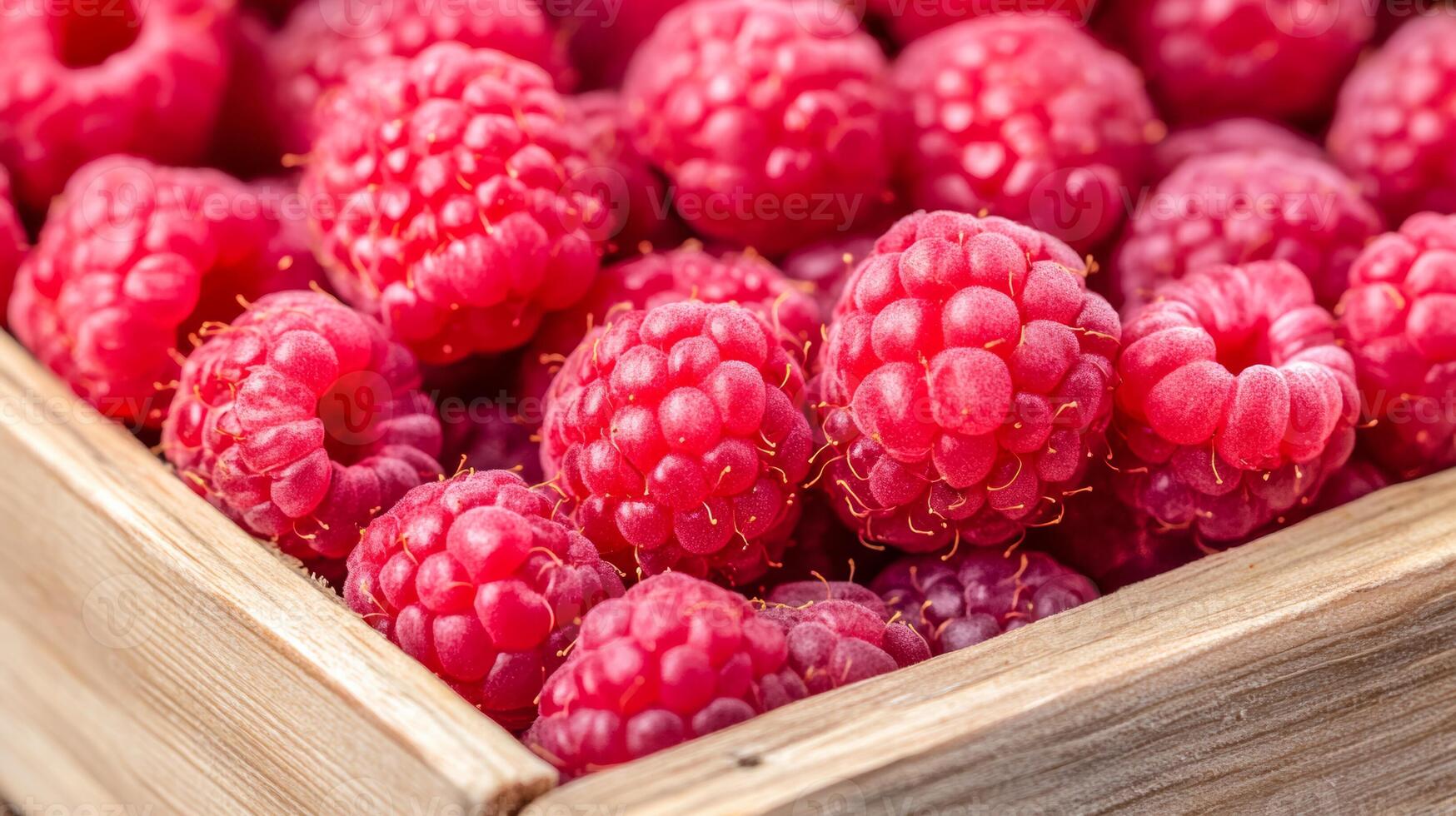 Bright red raspberries with a soft texture in a small wooden crate market stall background photo