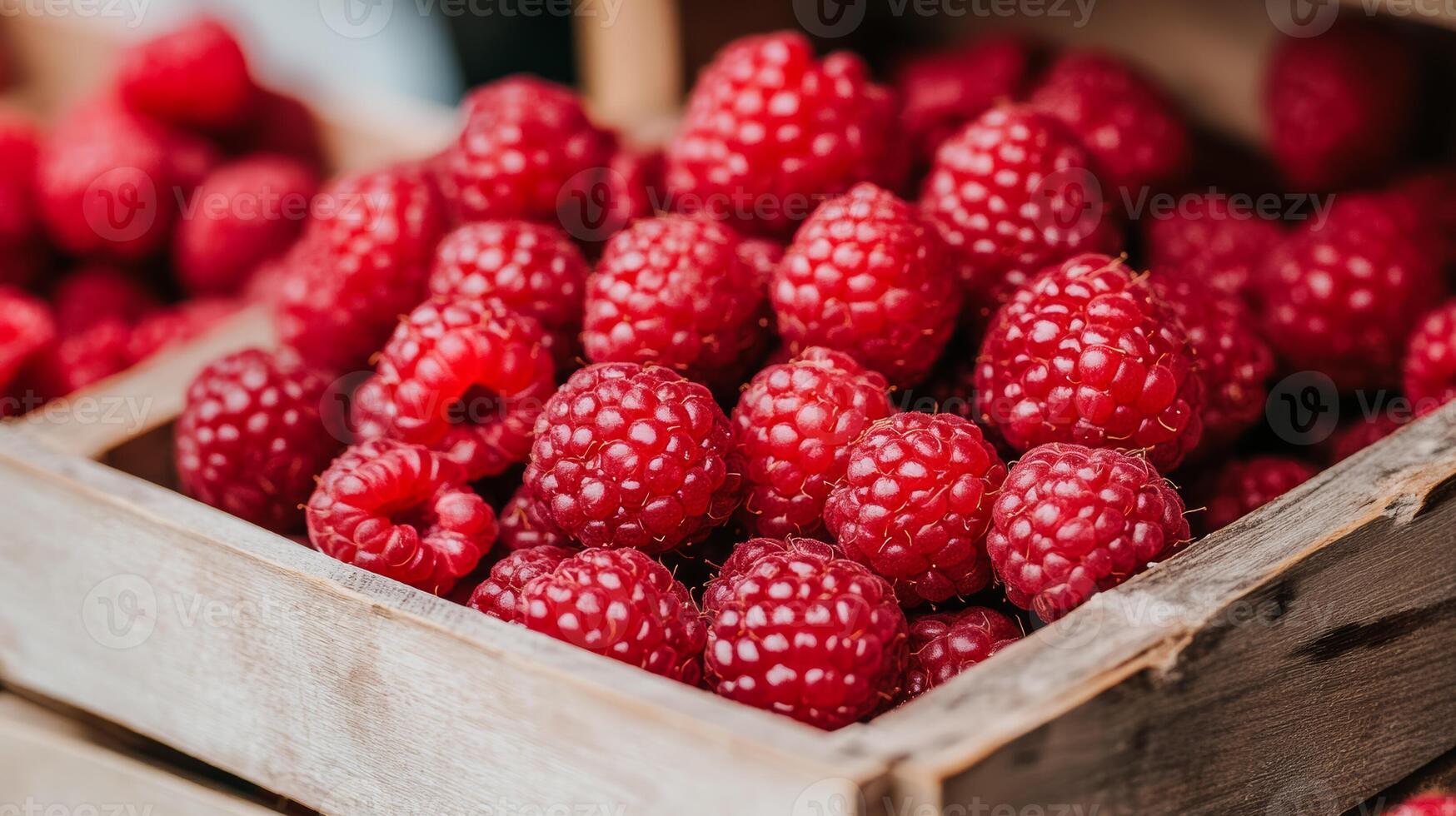 Bright red raspberries with a soft texture in a small wooden crate market stall background photo