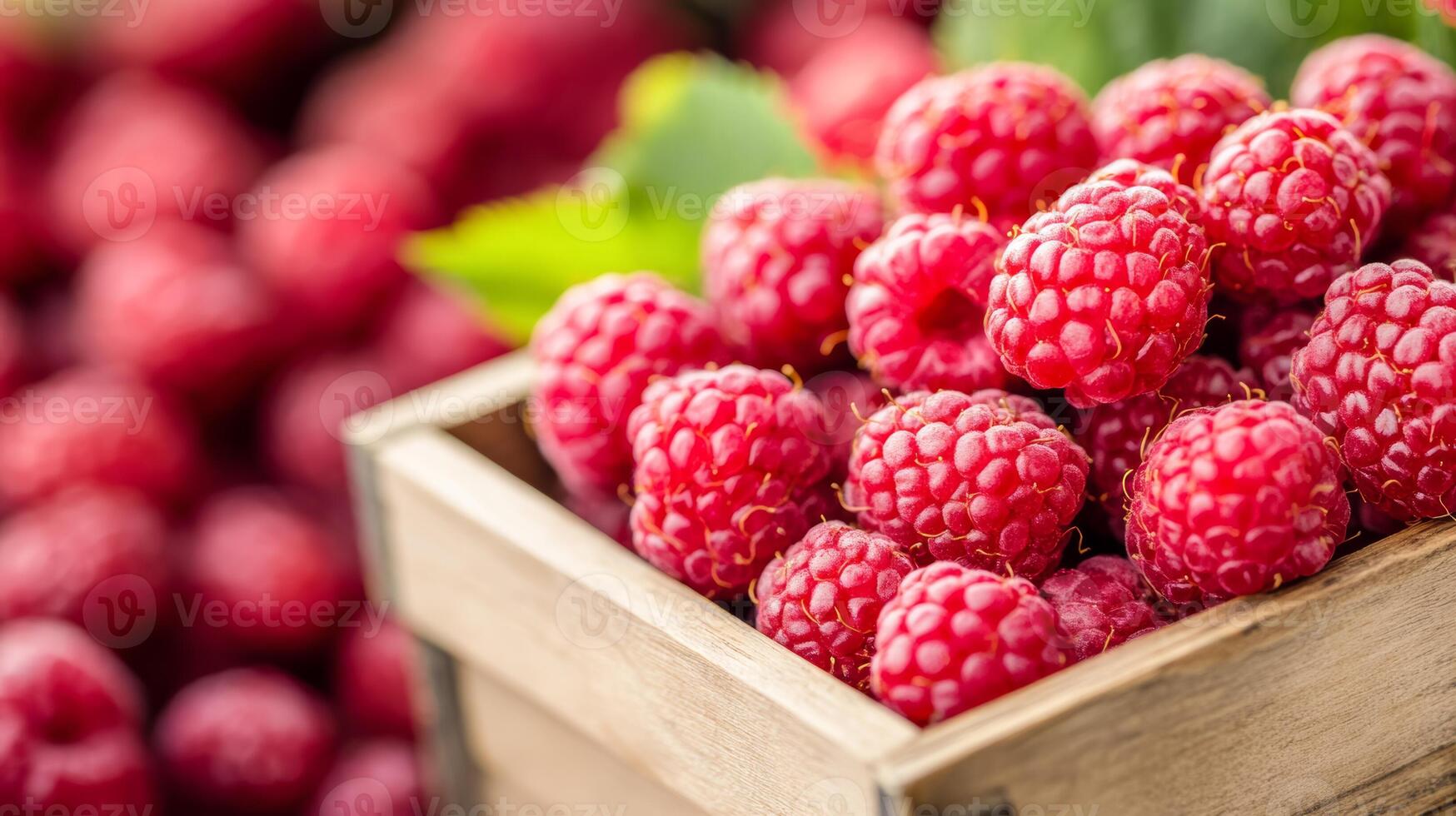 Bright red raspberries with a soft texture in a small wooden crate market stall background photo