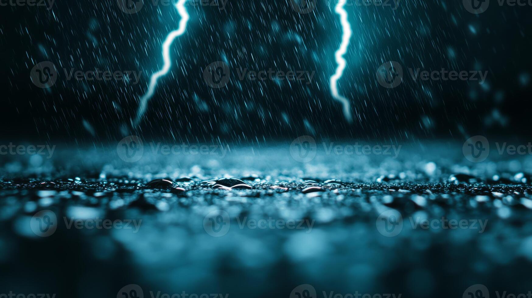 Close up of water drops on a glass pane during a thunderstorm with lightning reflection photo