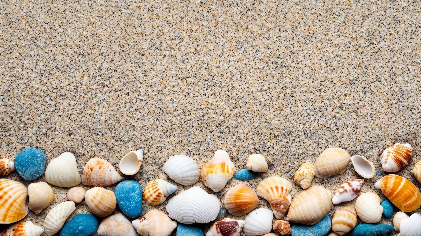 Close up of wet sand with scattered seashell fragments and sparkling quartz grains photo