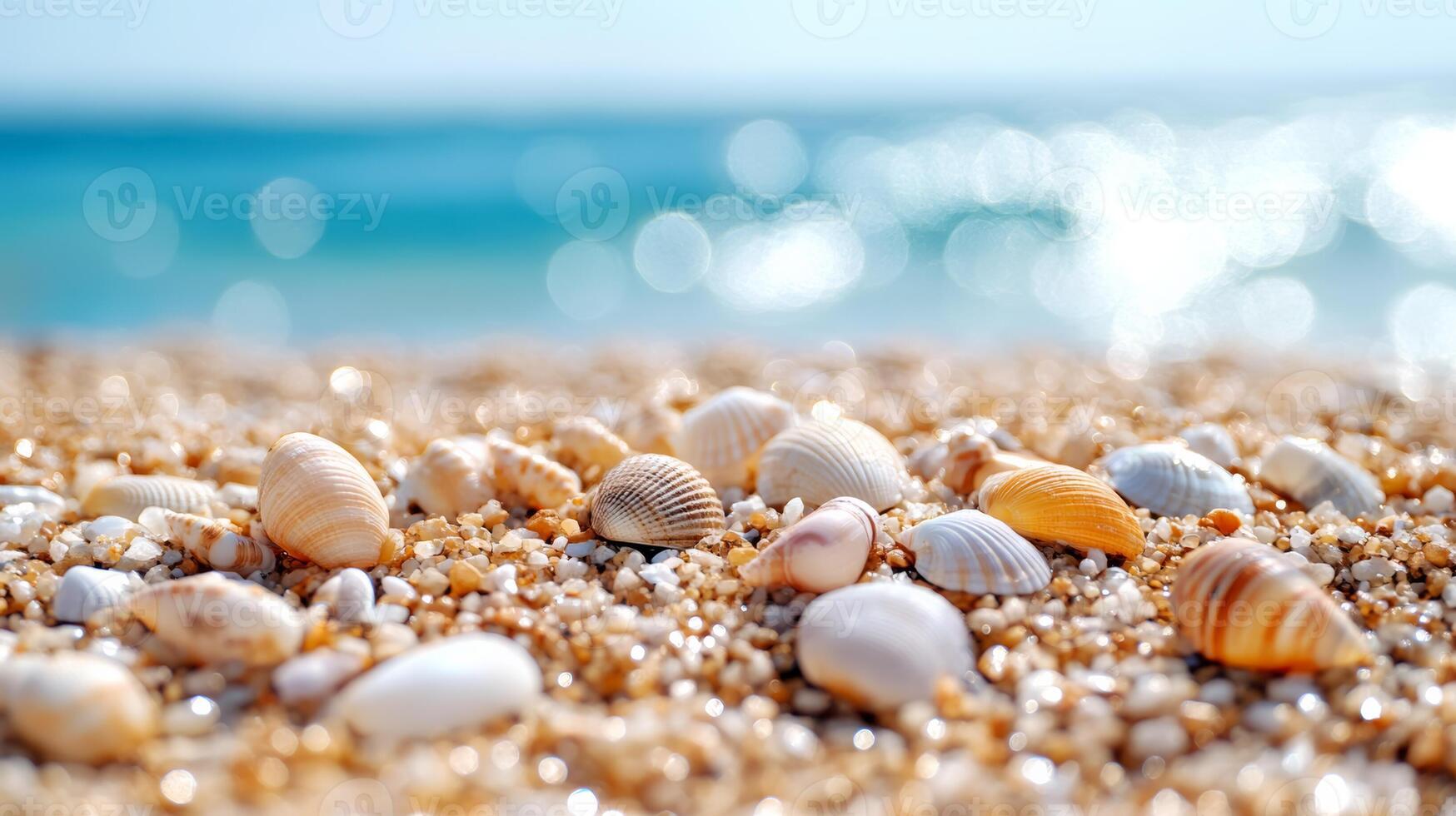 Close up of wet sand with scattered seashell fragments and sparkling quartz grains photo