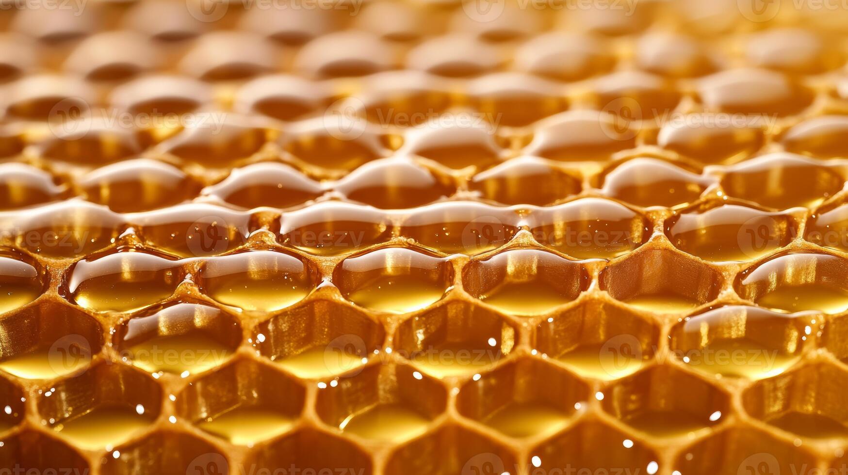Detailed image of a honeycomb filled with golden honey glistening under a warm light photo