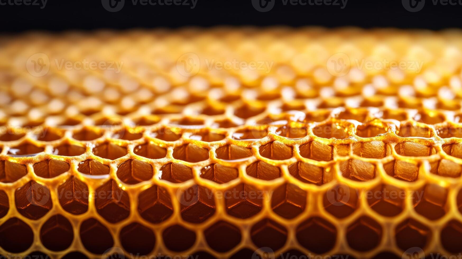 Detailed image of a honeycomb filled with golden honey glistening under a warm light photo