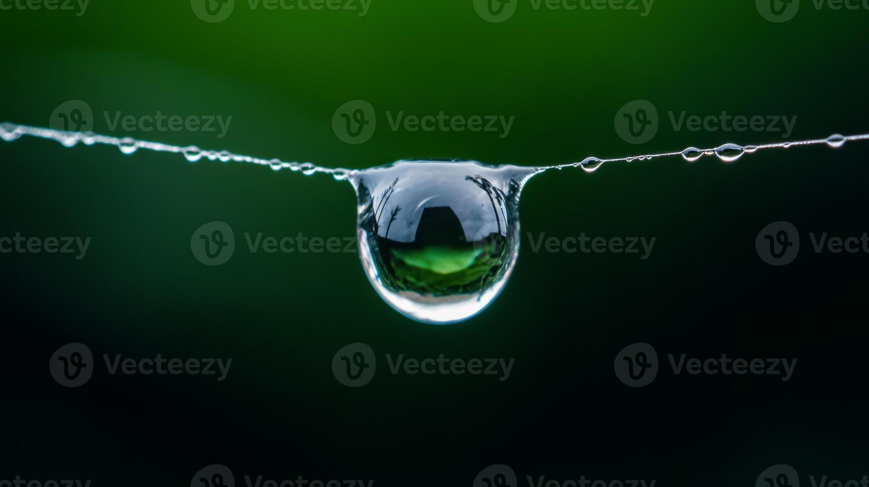 Extreme close up of a water droplet suspended on a spiders silk thread photo