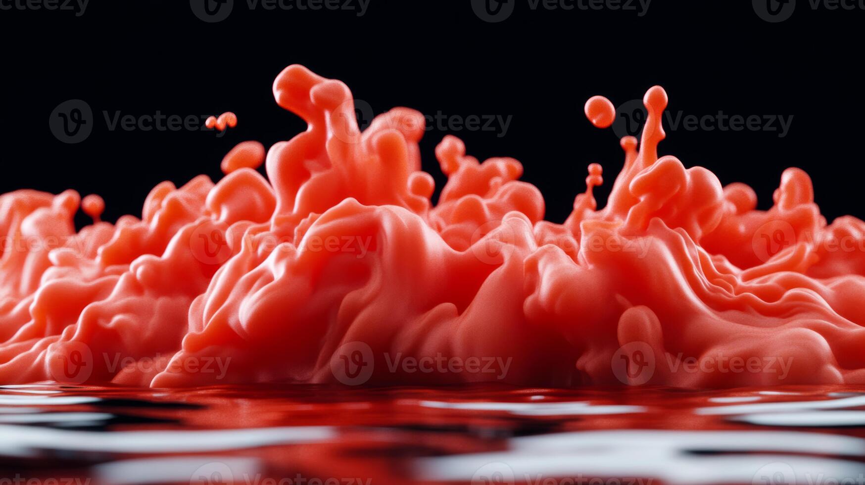 Extreme close up of red and gold liquid ink waves blending in water forming abstract shapes photo