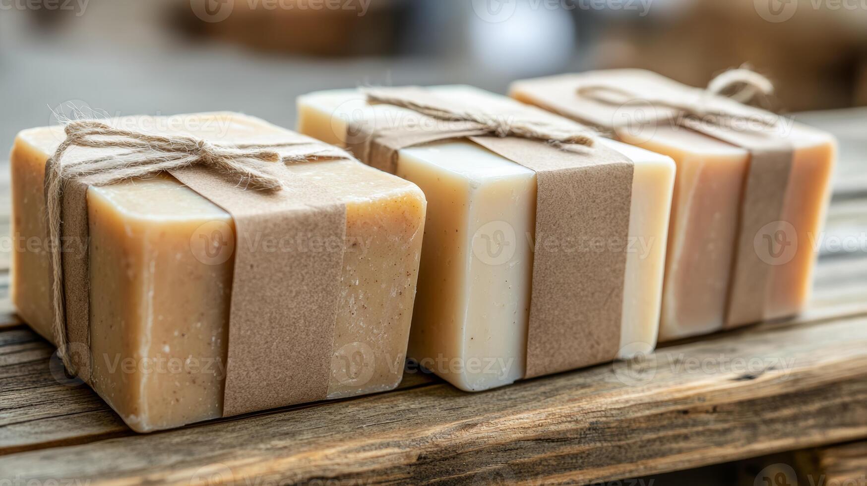 Three soap bars wrapped in brown twine photo