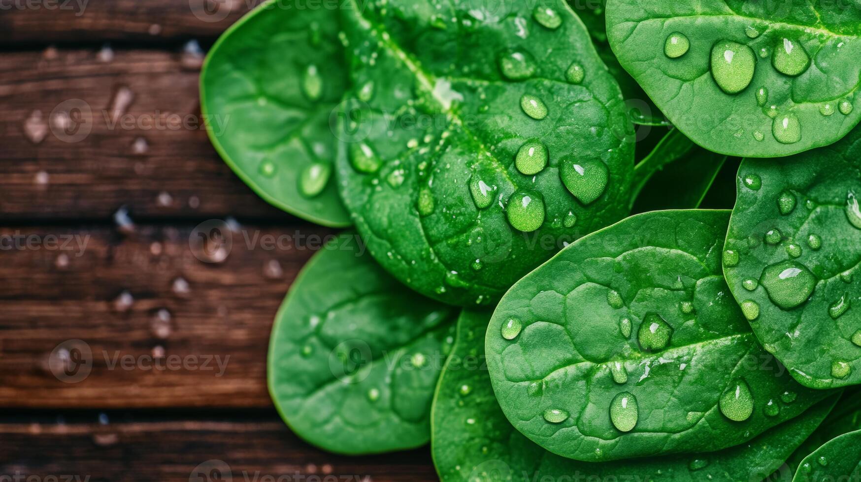 Spinach leaves with water droplets on a wooden table photo